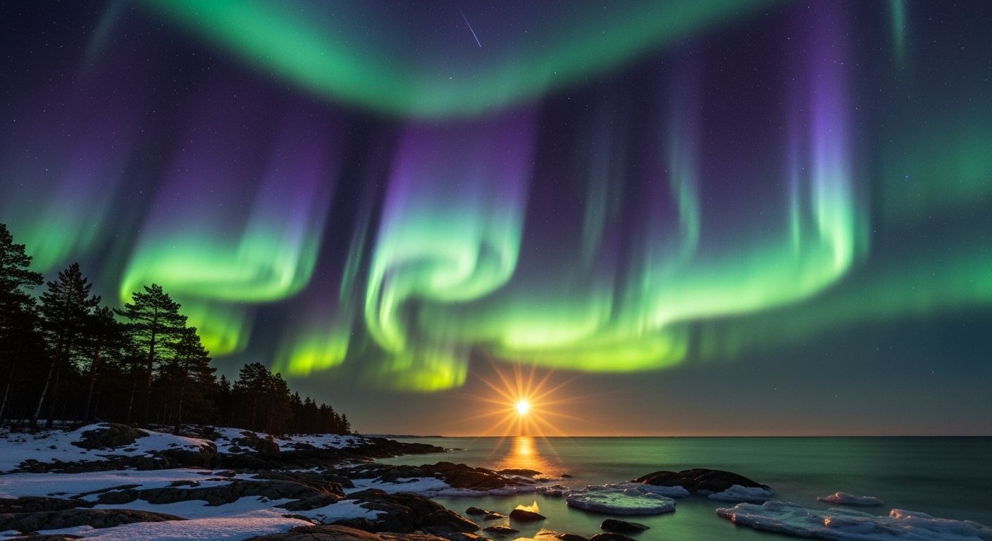 Aurora Borealis Over Pine Forest Sunrise Landscape