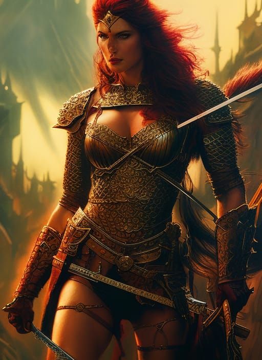 Red Sonja Ink Painting in Hyperrealistic Style