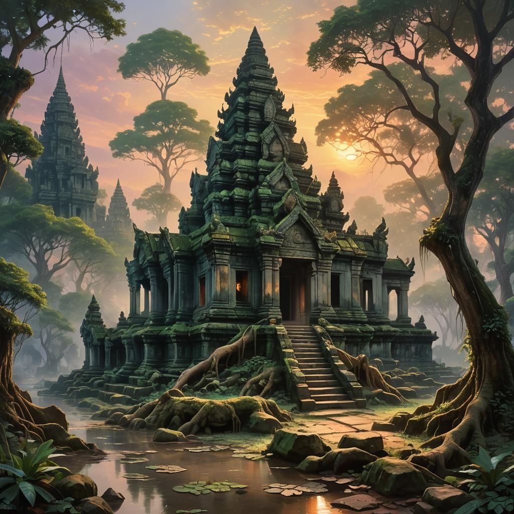 Ethereal Sunset Over Ancient Cambodian Monument
