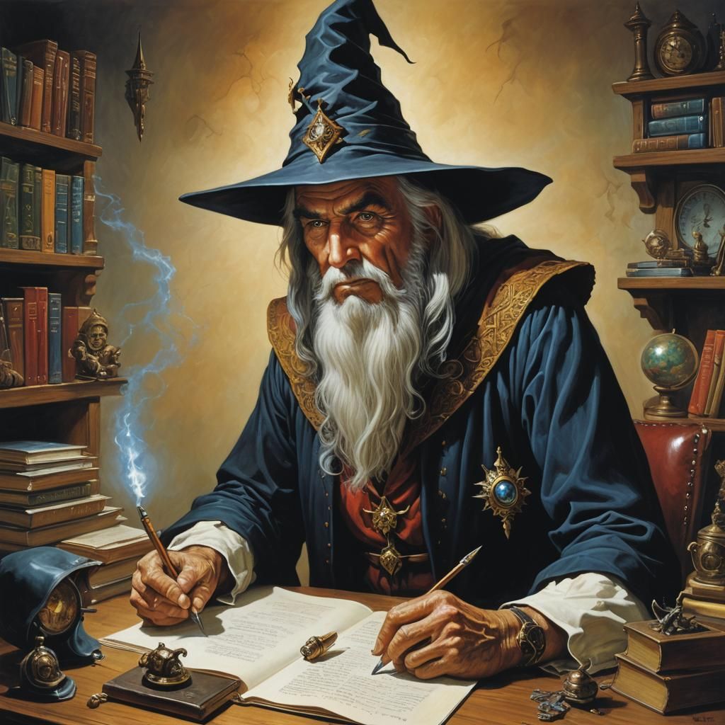 Wizard Teacher at Desk in Fantasy Art Style