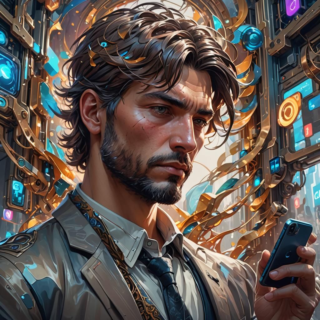 Smartphone Absorption Portrait in Hyperdetailed Style