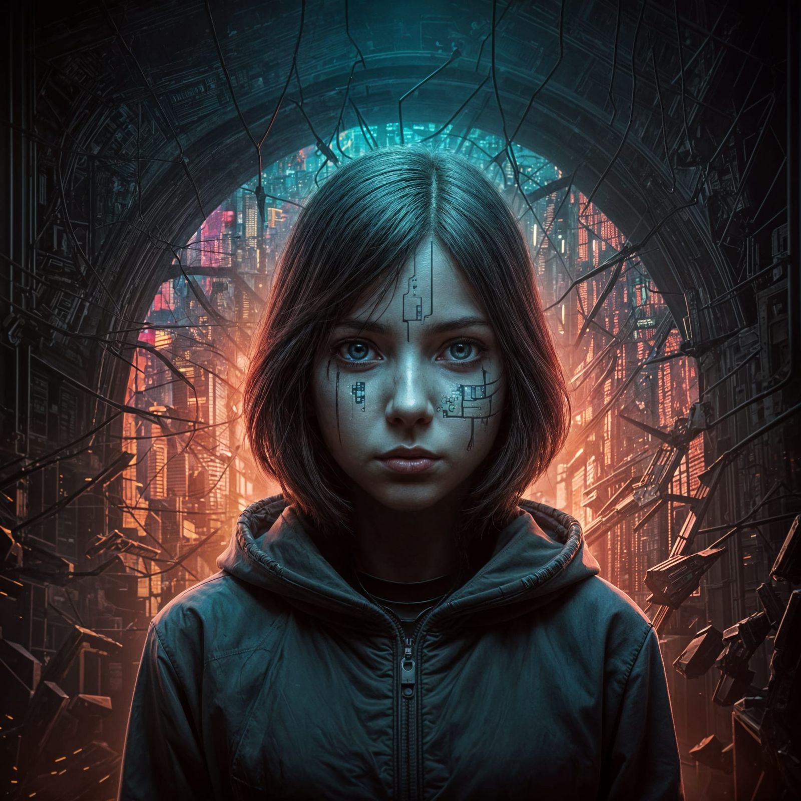 Cyberpunk Hacker Girl Sculpture in Dystopian Metropolis