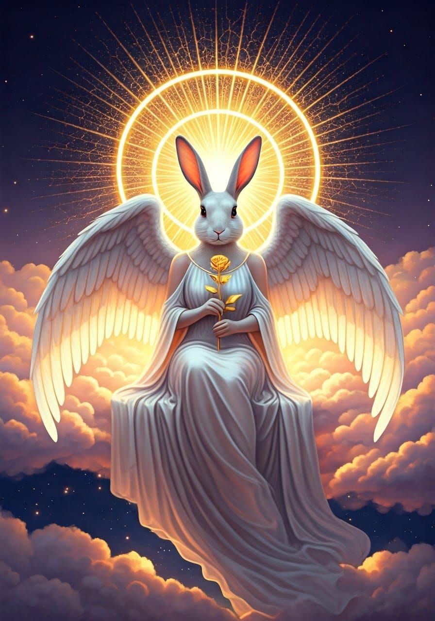Serene Rabbit Angel on Ethereal Clouds