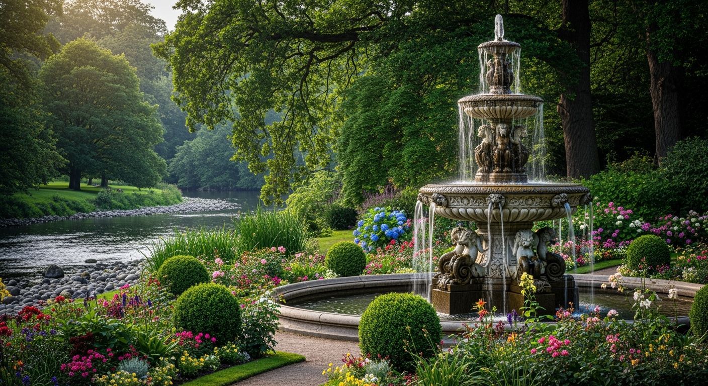 Hyperrealistic Stone Fountain in Lush Garden Park