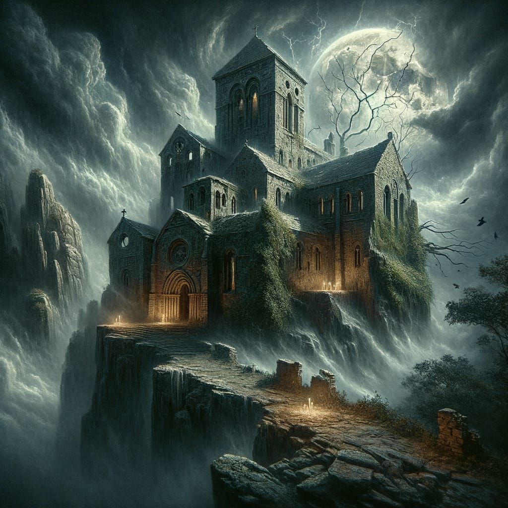Ancient Monastery on Cliff Edge Under Stormy Night