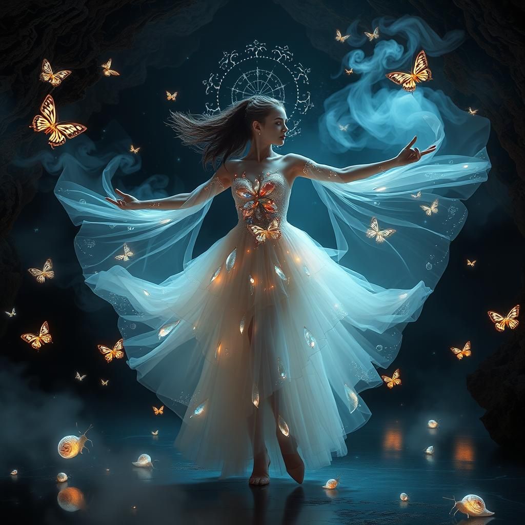 Ethereal Gemstone Dancer in Bioluminescent Cavern