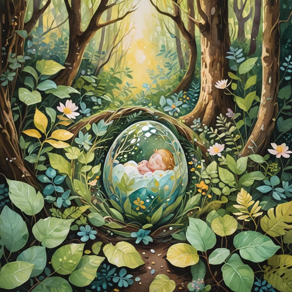 Glass Egg in Forest: Whimsical Gouache Illustration