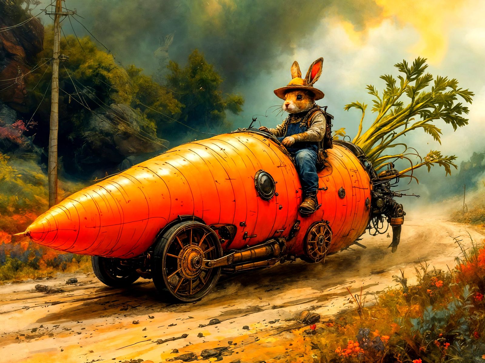 Steampunk Bunny Farmer Drives Carrot Vehicle