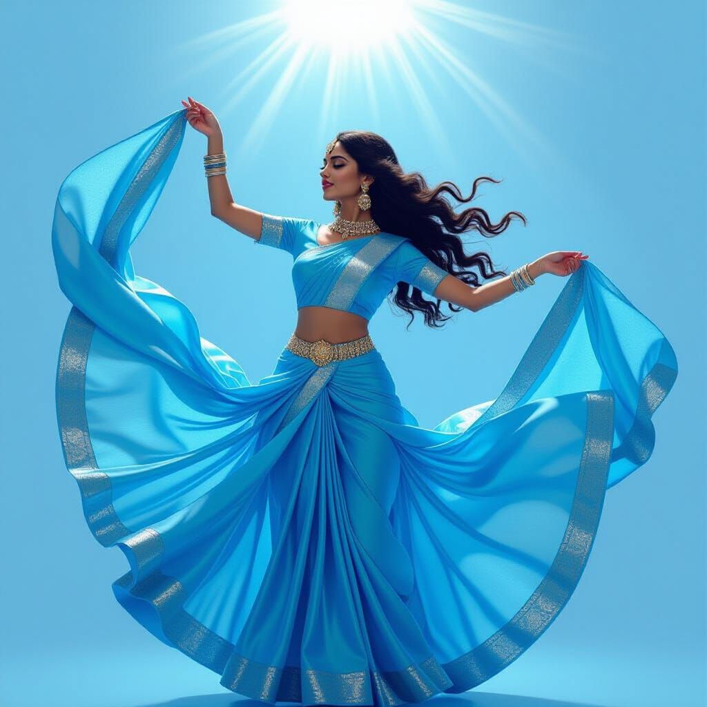 Dancing Indian Woman in Flowing Blue Fabric