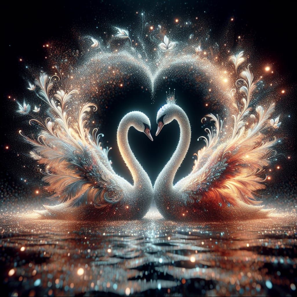 Swans Form Heart on Luminous Lake: Digital Art