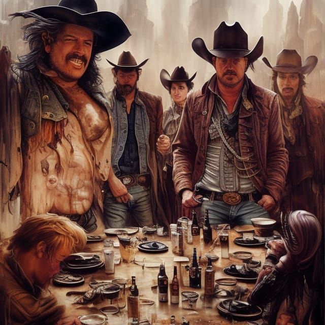 Cowboys Drinking Beer in Saloon as Oil Painting