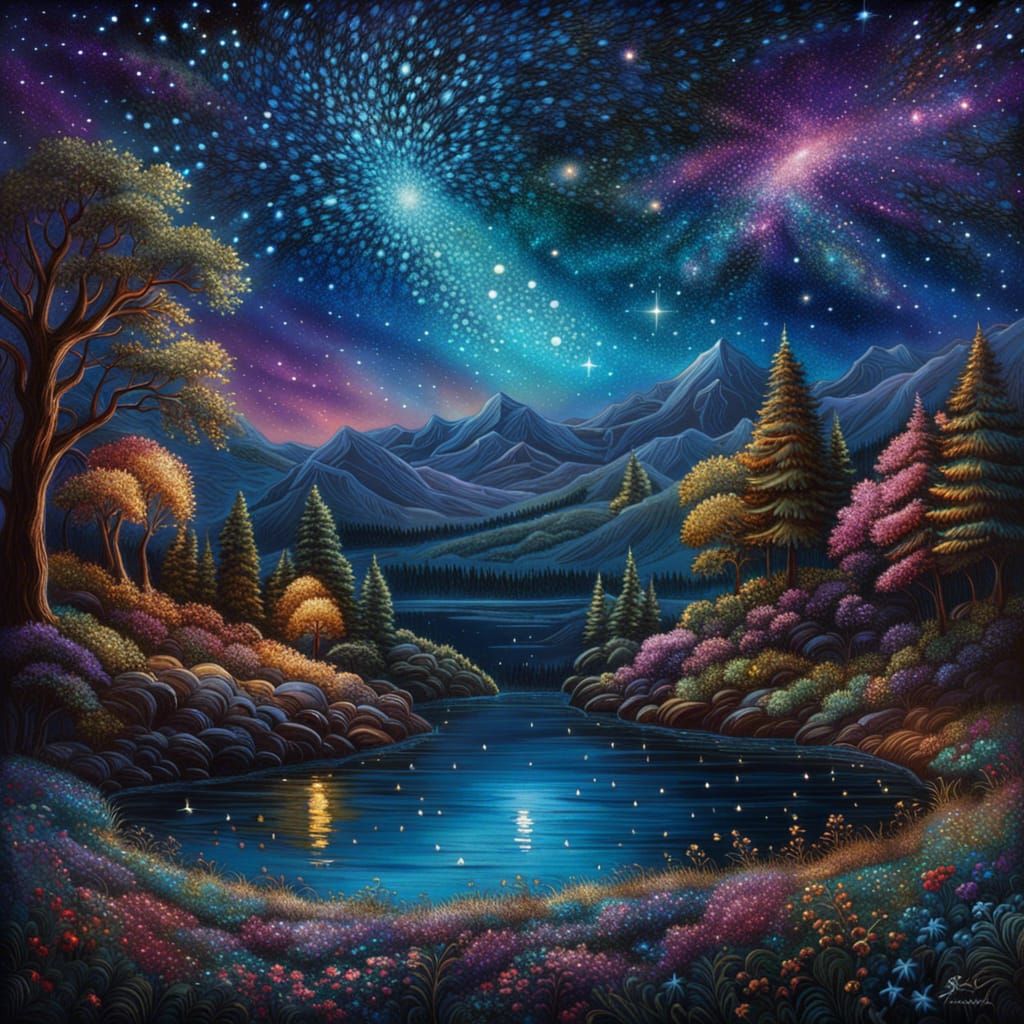 Glittering Starry Night Sky Landscape