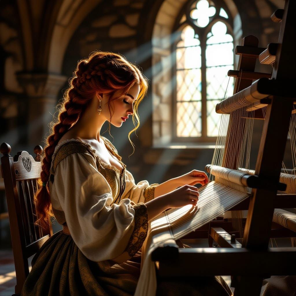 Medieval Lady Weaving in Castle, Michelangelo Style