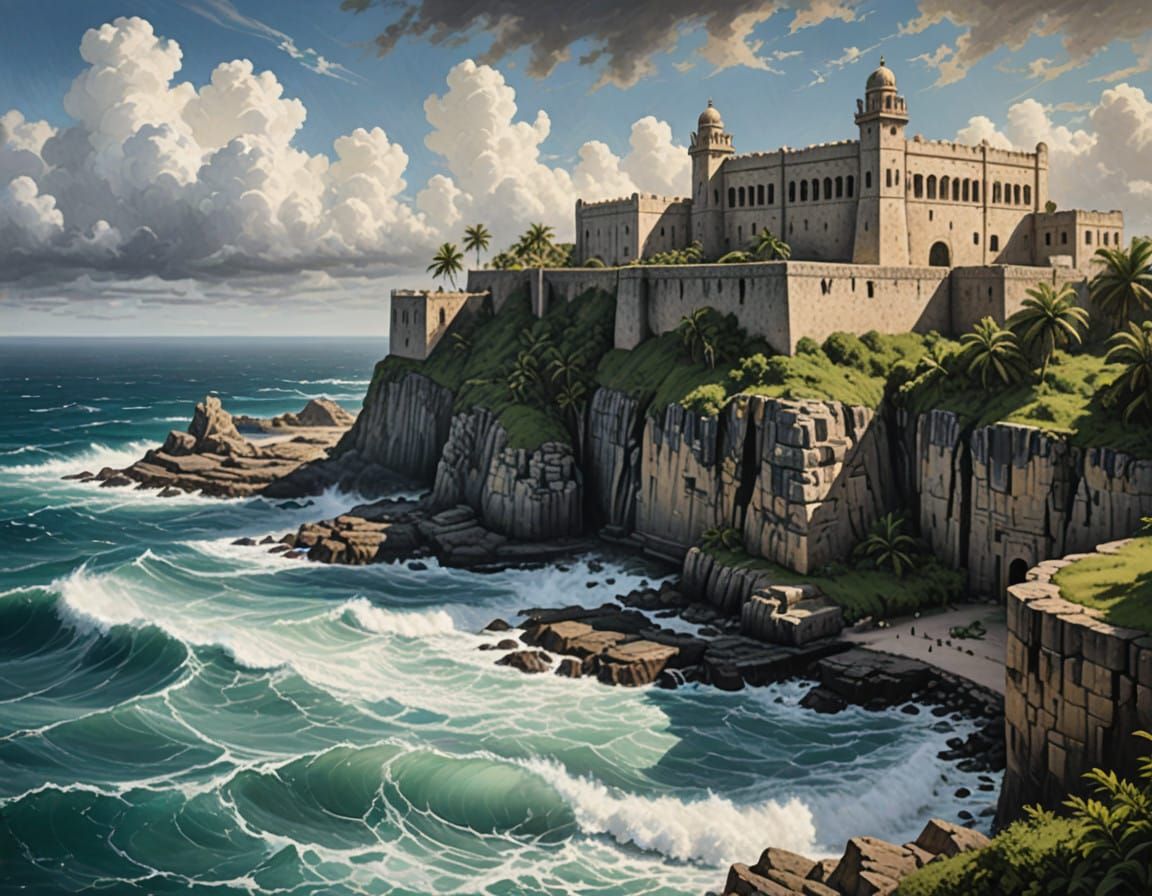 Vintage Ink Wash El Morro Fortress on Havana Coastline