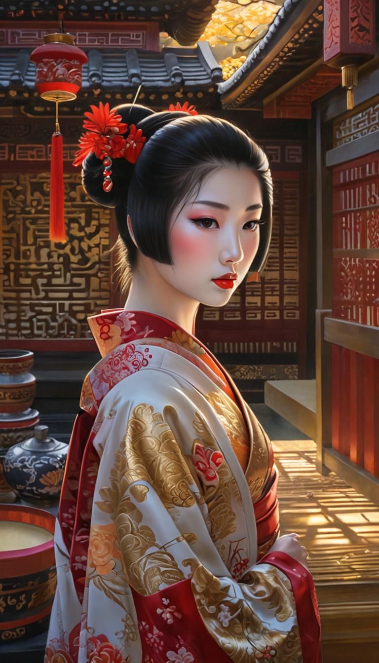 Twilight Geisha Portrait as Oil Painting