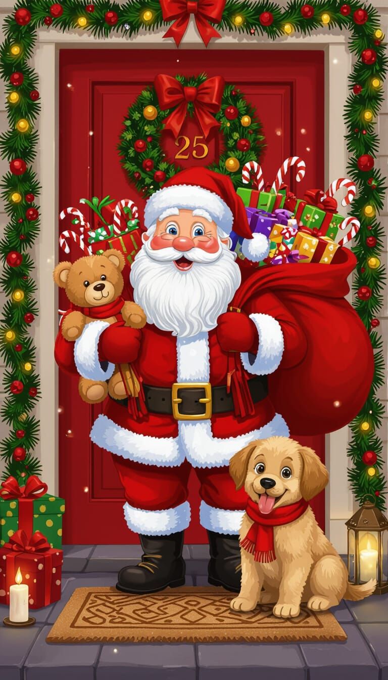 Santa Claus with Puppy and Gifts, Festive Christmas Scene