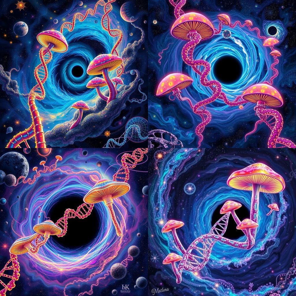 Psychedelic Cosmic Vortex: DNA Encased in Mushrooms Soar Aro...