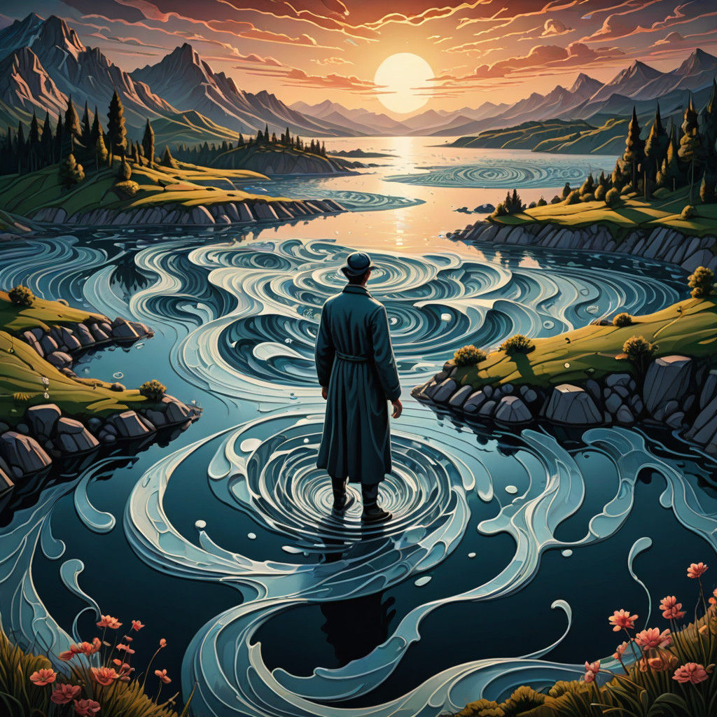 Dreamlike Figure Adrift Amid Whirlpools of Serene Lake