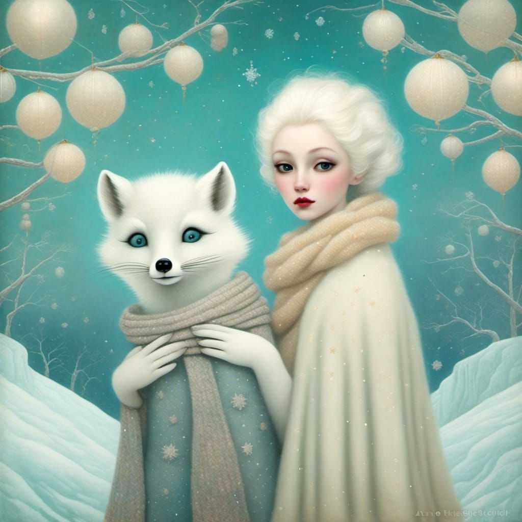 Arctic Fox in Winter Landscape: Watercolor and Ink