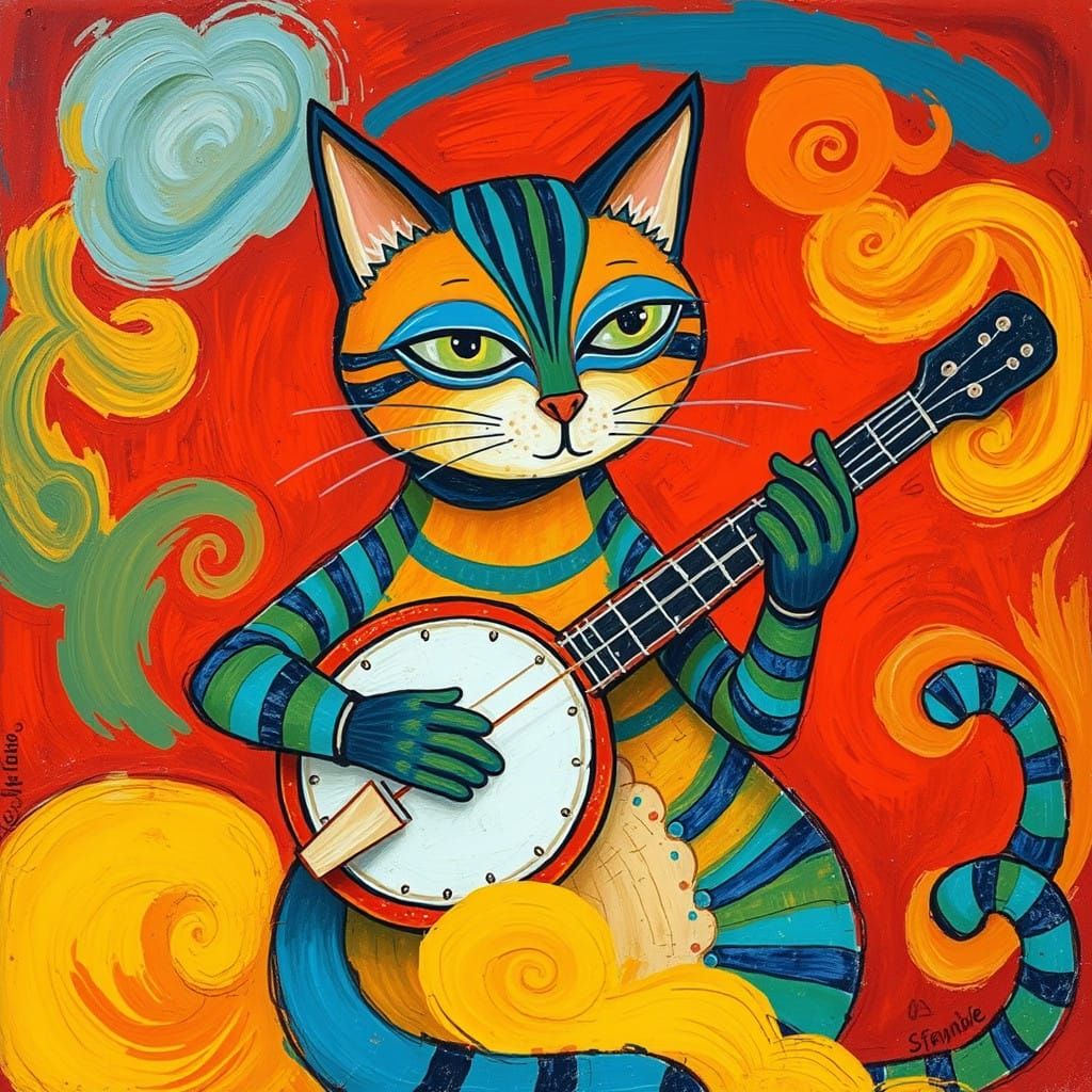 Vibrant Blue Cat in Joyful Banjo Session