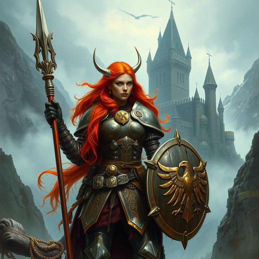 Valkyrie in Majestic Steel Armor Defends the Castle Gates