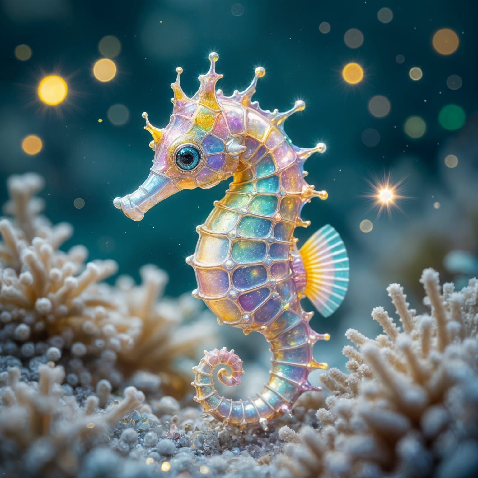 Shimmering Metallic Baby Seahorse in Enchanted Waters