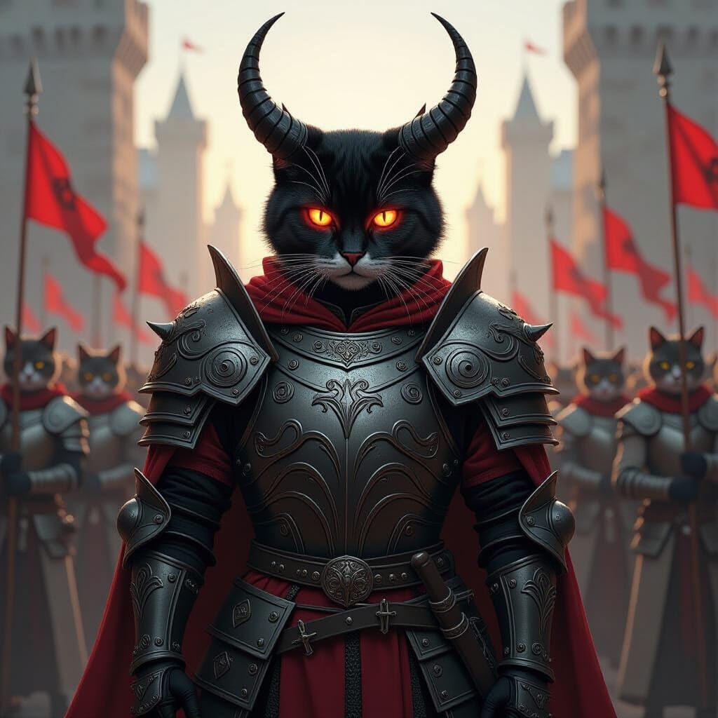 Majestic Horned Cat Leads Feline Army in Dark Fantasy Style