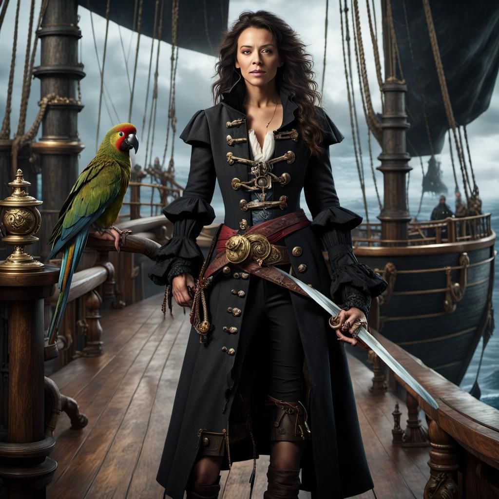 Pirate Woman with Parrot and Treasure on Galleon