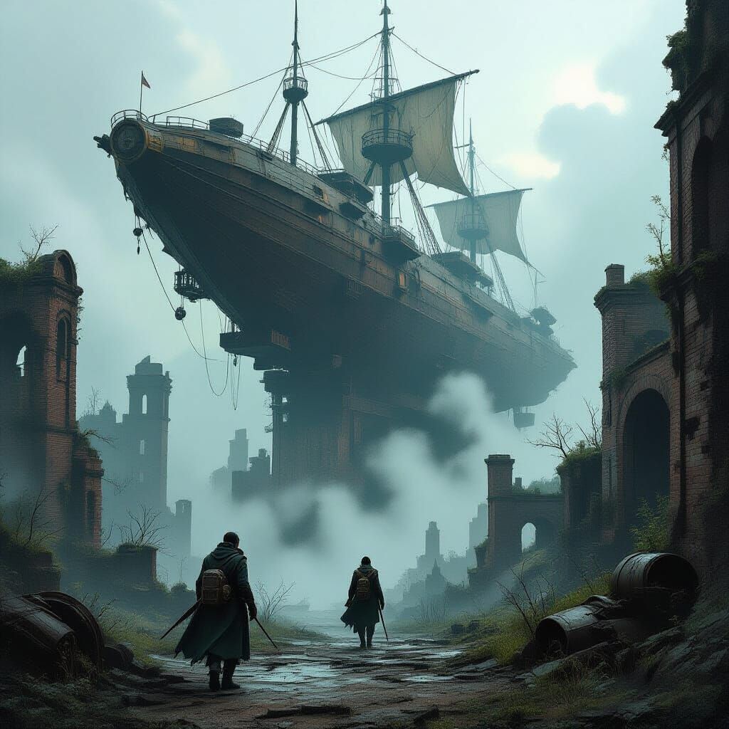 Warrior in Decaying Steampunk City with Airship