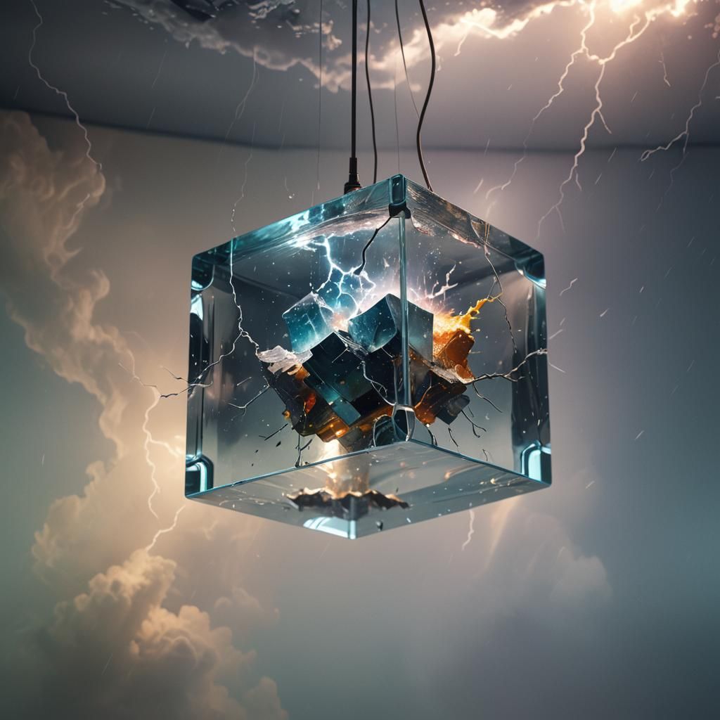 Glass Cube Containing a Thunderstorm in Hyperrealism