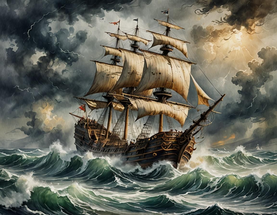 Pirate Ship in Stormy Seas: Watercolor Style