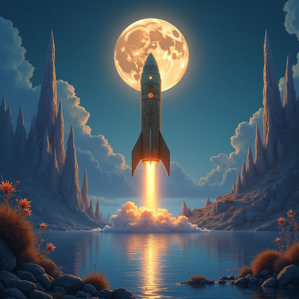 Gold Rocket at Celestial Lake Fantasy Concept Art