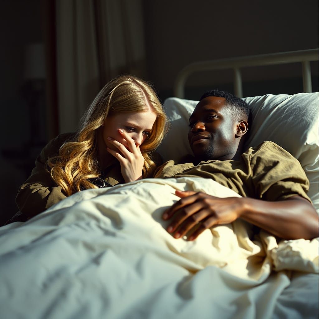 Emotional Reunion in War Hospital: Cinematic Film Still