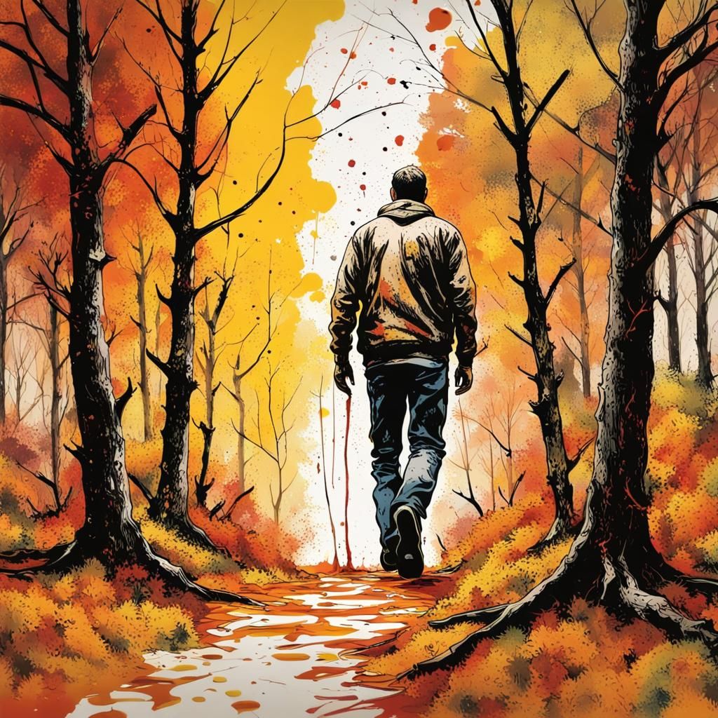 Autumn Woods Walk in Jackson Pollock Style