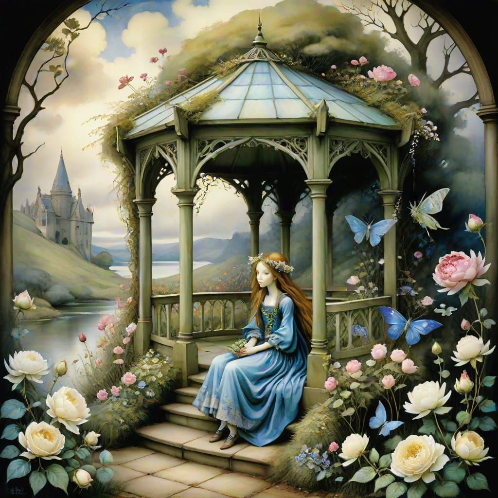 Dreamy English Garden Scene in Whimsical Style
