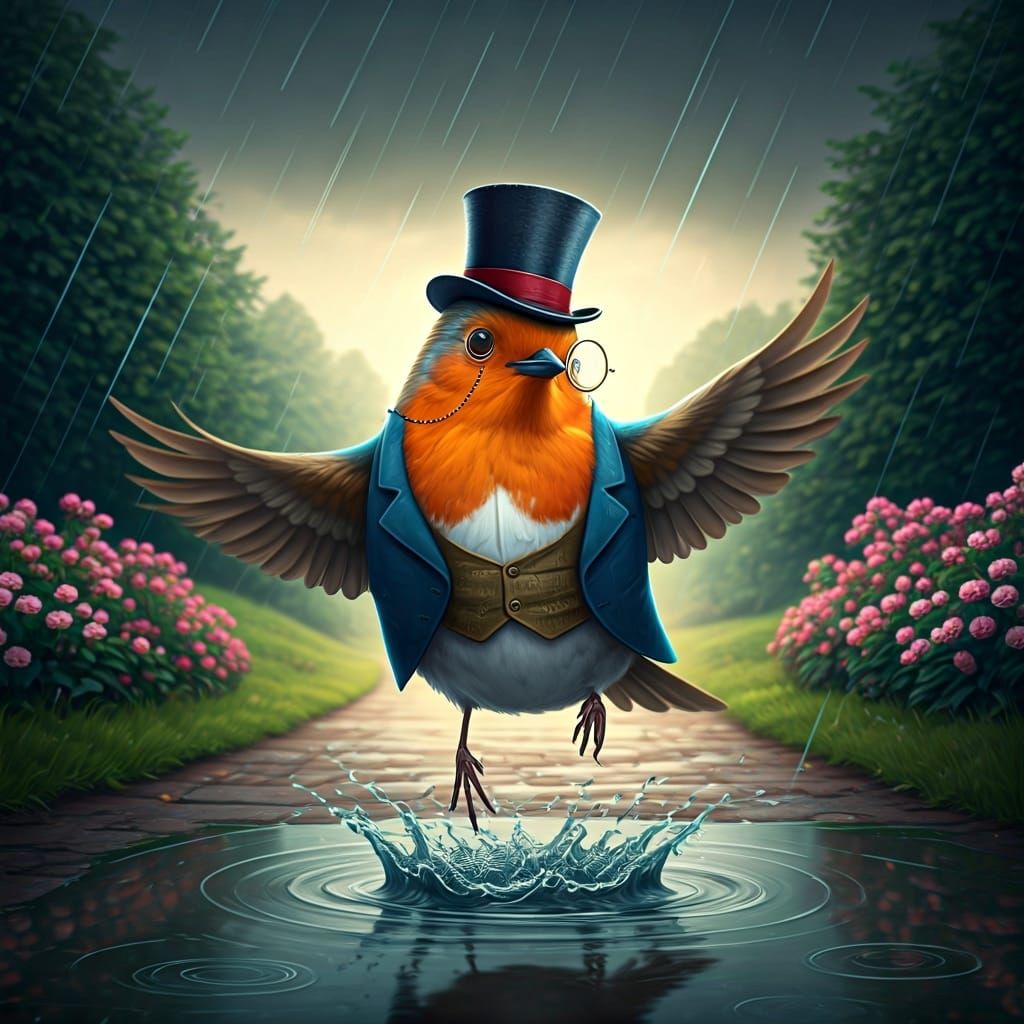 Robin Bird Dances in Rain as Hyper-Realistic Art
