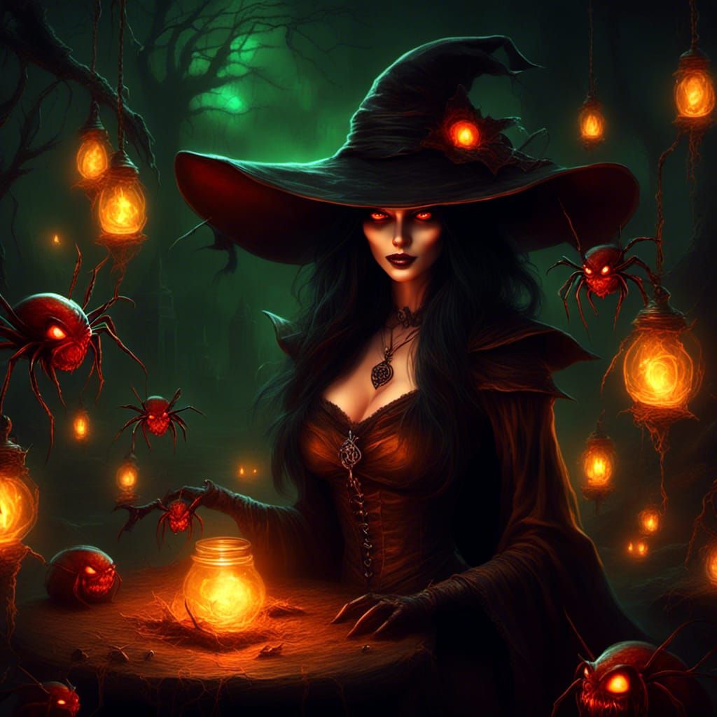 Sinister Witch with Glowing Eyes in Dark Fantasy Style
