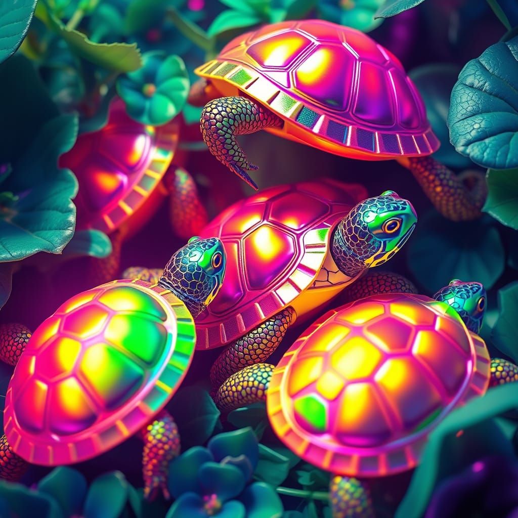 Iridescent Turtles in Playful Surrealist Style