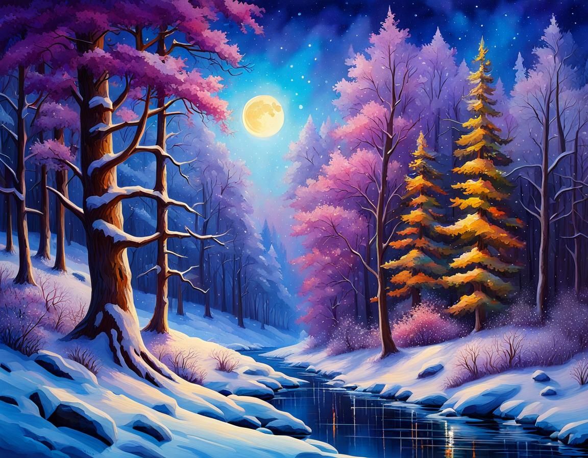 Enchanted Winter Forest Landscape: Oil, Watercolor, and Ink