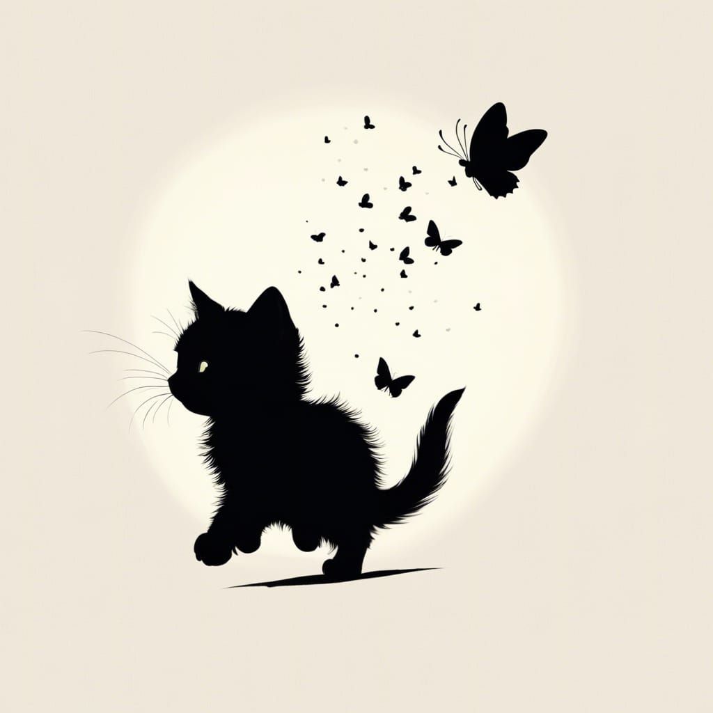 Minimalist Kitten Silhouette Chasing Butterfly