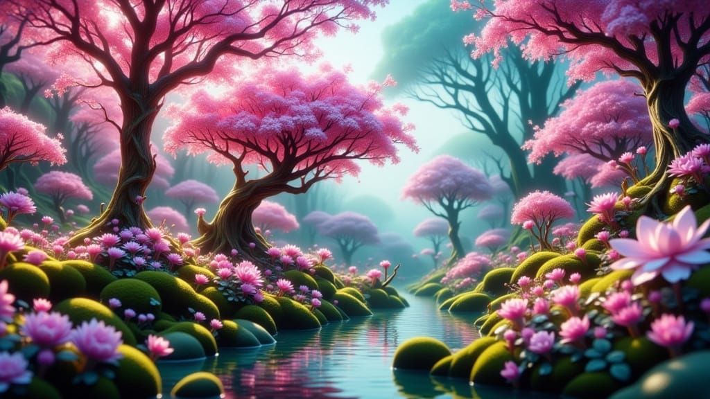 Whimsical Magical Creatures Amidst Vibrant Blooming Trees