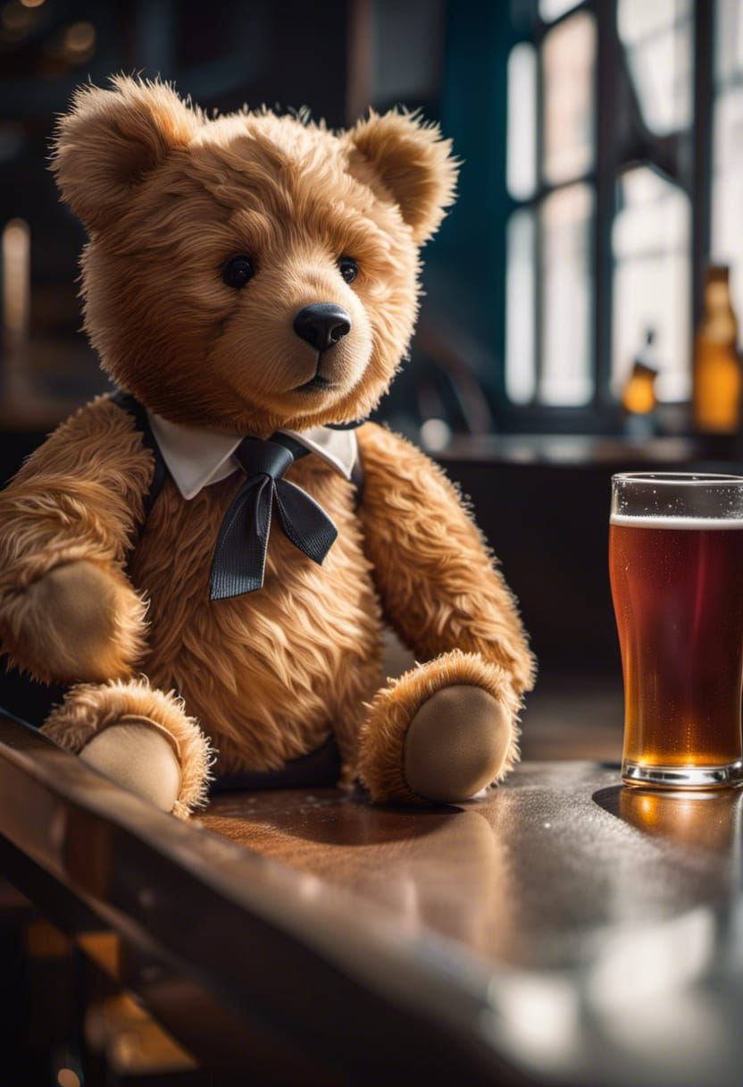 Stressed Teddy Bear Drinks Beer: Hyperrealistic Bar Scene