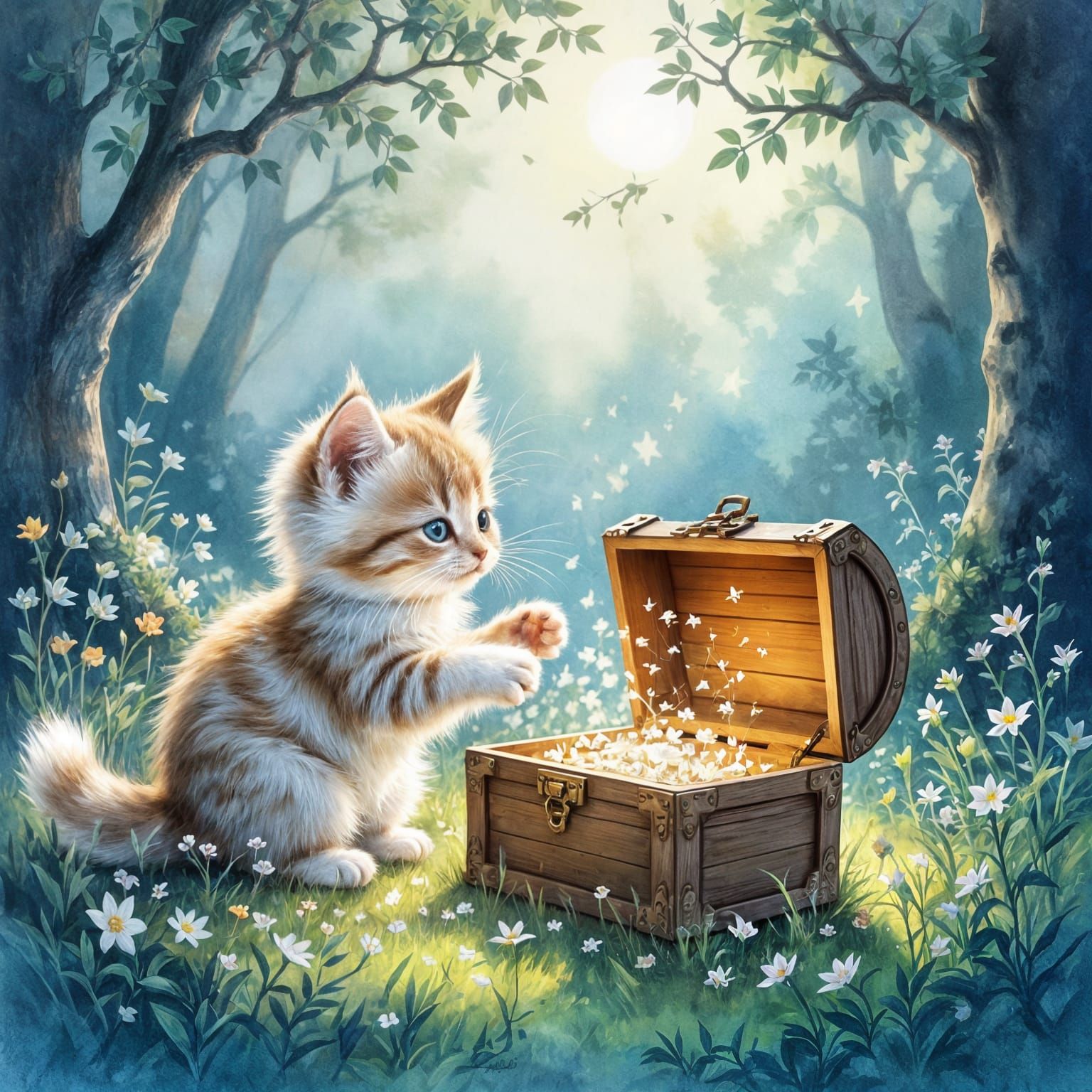 Moonlight Kitten Plays with Glowing Chest in Enchanted Fores...