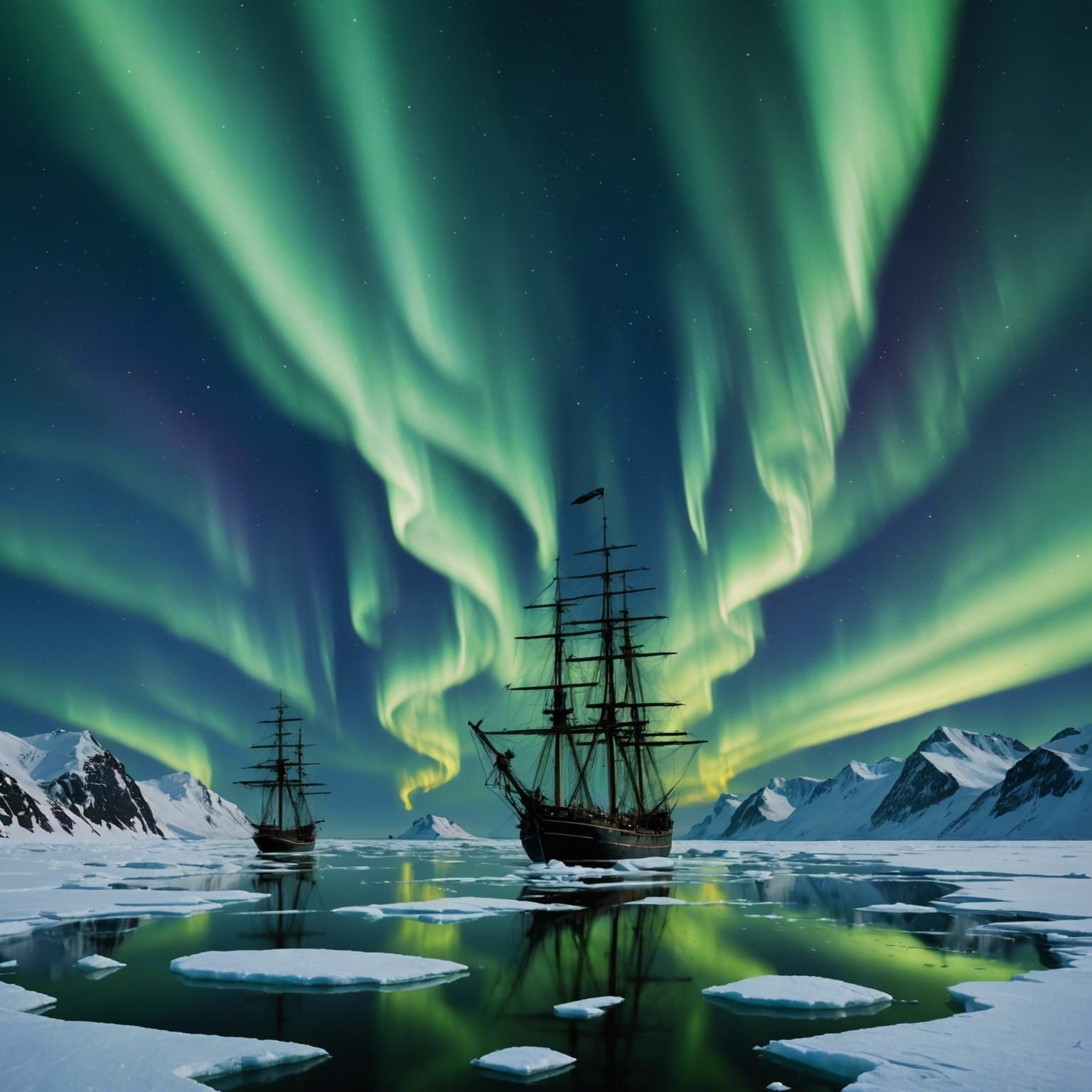 Arctic Ships Under Aurora in Romantic Style