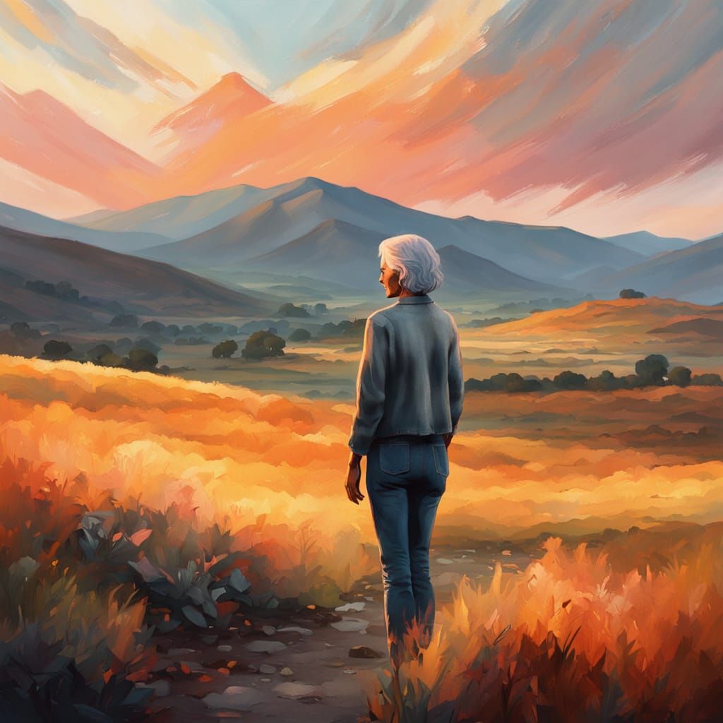 Serene Hilltop: Golden Hour Oil Painting of Woman