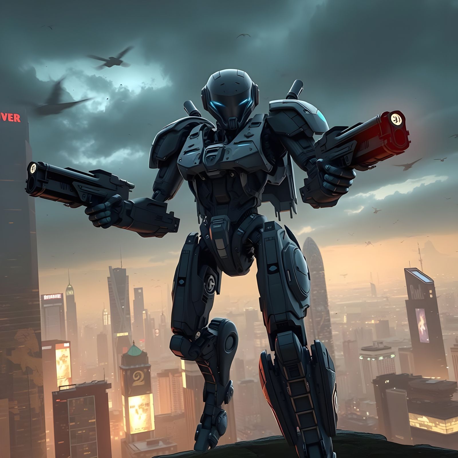 Futuristic Mech Dual-Wielding Pistols in Anime Style