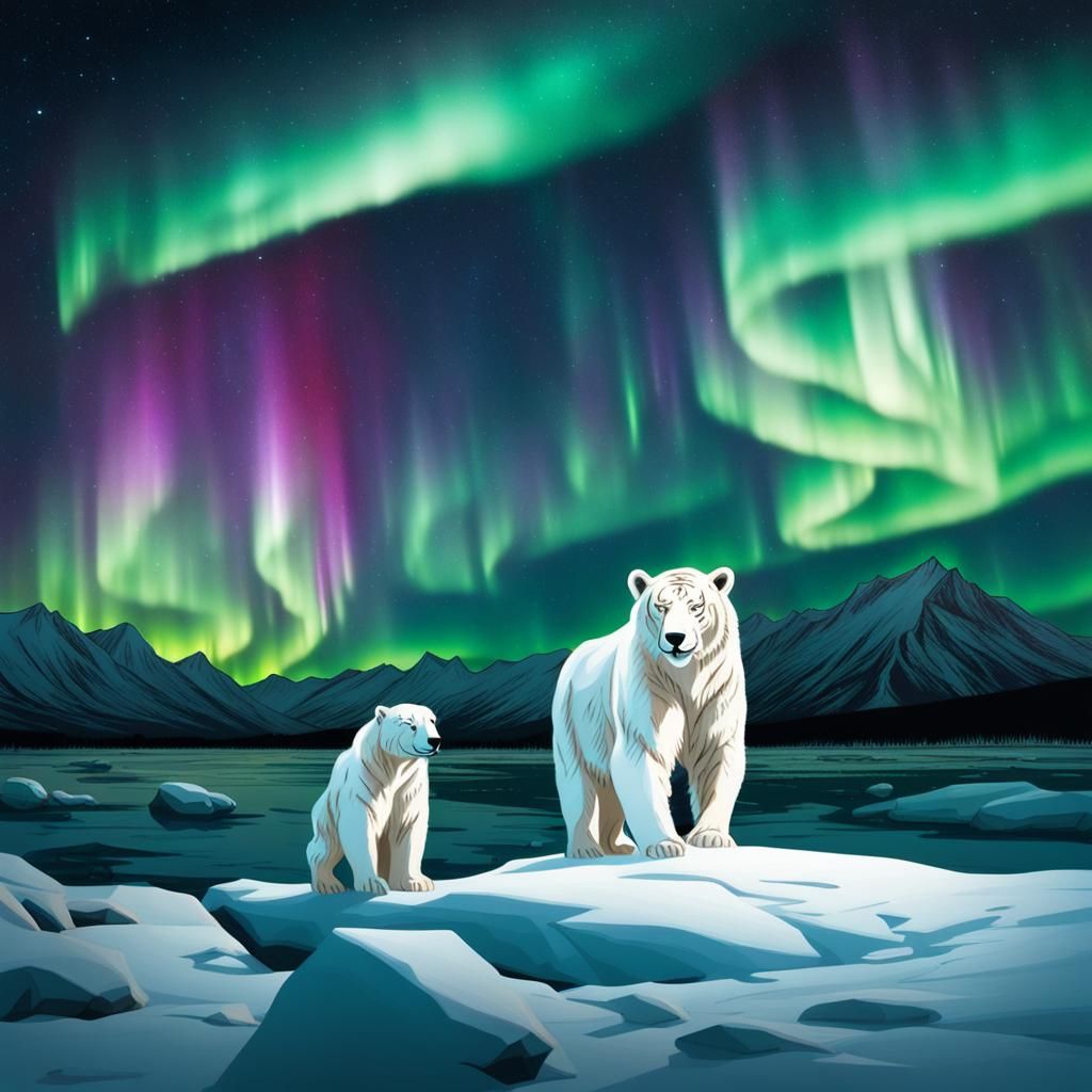 polar bears with northern lights