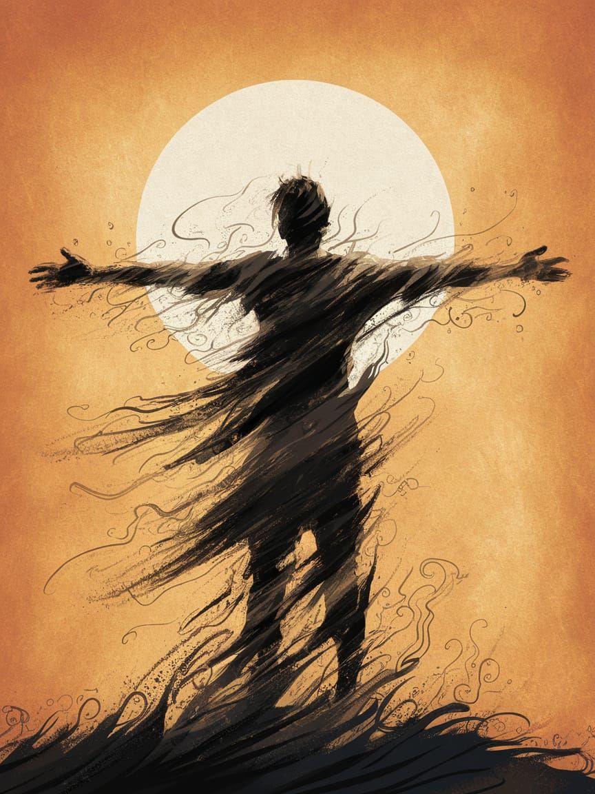 Figure Embracing Sunset in Charcoal and Ink