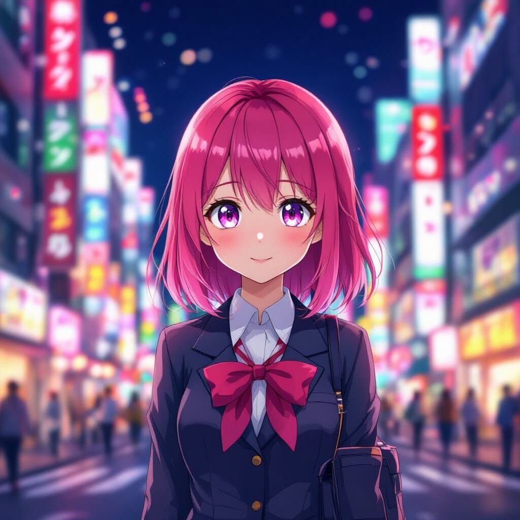 Anime Girl in Tokyo Street at Night