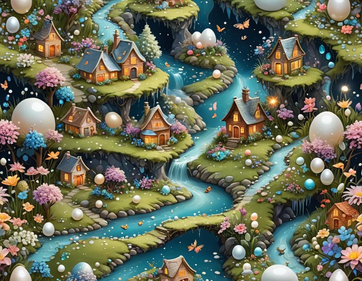 Pearlescent Magical Landscape with Sparkling Stream